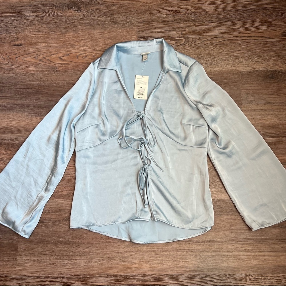 Women's Long Sleeve Satin Tie Blouse - a New Day Light Blue M - Picture 2 of 7